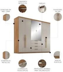 Guarda Roupa Casal 262cm Com Espelho Giard D02 Amêndola/Nude - Mpozena