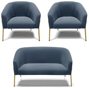 Namoradeira e 2 Poltronas Pé de Ferro Dourado Stella Suede D03 - D'Rossi - Azul Marinho