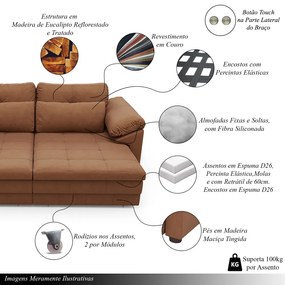 Sofá Retrátil Elétrico Sala de Estar Nolan Bipartido 414cm Conforto Premium em Couro Mel Manchado G58 - Gran Belo
