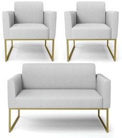 Sofá Namoradeira com 2 Poltronas Base Industrial Dourado Marisa Linho D03 - D'Rossi - A05 Cinza