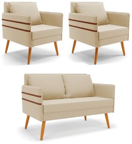 Kit 01 Namoradeira 02 Lugares e 02 Poltronas Mari Suede Bege Pés Palito Castanho - D'Rossi