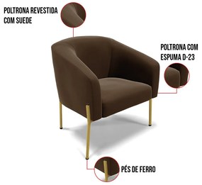 Poltrona Decorativa Pé de Ferro Dourado Kit 2 Stella Suede D03 - D'Rossi - Marrom