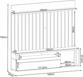 Painel Suspenso Decorativo Self Ripado para TV até 55 Polegadas Castanho/Preto G26 - HB Móveis