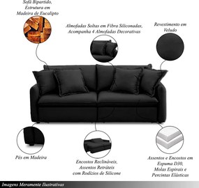 Sofá Bipartido 270cm Retrátil Reclinável Almofadas Caixa Zero Sydney Veludo Preto G93 - Gran Belo