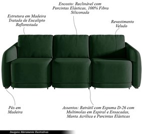 Sofá Cama Modulado Retrátil e Reclinável Decorativo Varsóvia 246cm Veludo Verde G33 - Gran Belo