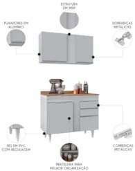 Armário Cozinha e Balcão Com Tampo 100cm Luziania Cinza Claro/Castanho