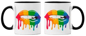 Caneca Boca Lábios Colorido Molhados com Alça Preta