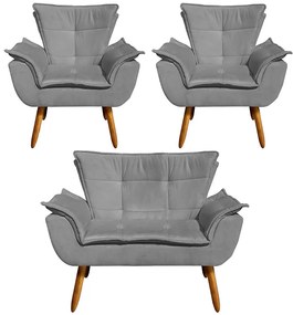 Conjunto 2 Poltronas e 1 Namoradeira Pés Palito Charger Suede Grafite G19 - Gran Belo