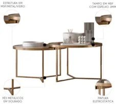 Mesa de Centro Pés Metálicos Kit 2 Thor Espelho/Dourado E05 - Mpozenat