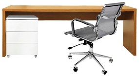 Conjunto Bancada Contemporânea Louro Freijó - 1,36m + Módulo Contemporâneo 3 gavetas Branco - 42,5cm + Poltrona Noruega Cinza