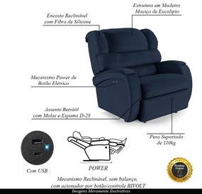 Poltrona do Papai Sala de Cinema Reclinável Kylie Power Touch USB PU Azul G23