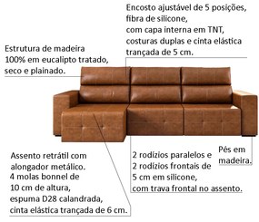 Sofá Retrátil Reclinável 6 Lugares Sala de Estar 374cm Russo Couro Caramelo G52 - Gran Belo