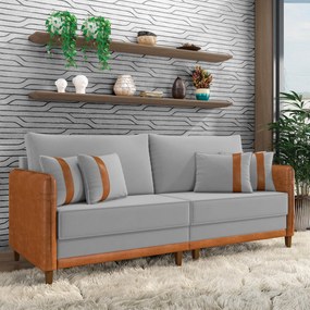 Sofá 2 Lugares Living 172cm Pé Madeira Valença Nozes/Veludo K01 - D'Rossi - Cinza