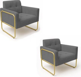 Poltrona Sala Industrial Alta Tubo Dourado Kit 2 Elisa Suede D03 - D'Rossi - Grafite