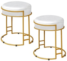 Kit 2 Puffs Decorativos Redondo Sakura Base Metal Dourado Corano Branco G41 - Gran Belo