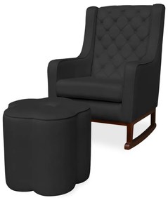 Kit Poltrona Amamentação Balanço Maju com Puff Flor Veludo - Preto