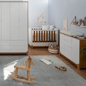 Kit Quarto Infantil Lotus Berço Mini Cama com Frisos + Cômoda 4 Gavetas e 1 Porta + Guarda-Roupa 4 Portas com 4 Gavetas - Branco e Savana