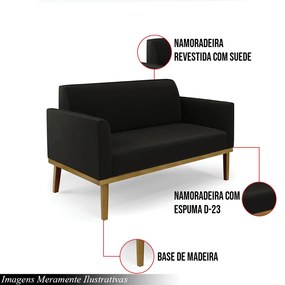 Poltrona Namoradeira Decorativa Isabella Pés Fixo em Madeira Castanho Suede Preto G19 - Gran Belo