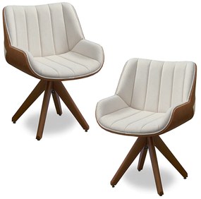 Kit 02 Poltronas Decorativas Base em Madeira Giratória Traoré Linho com PU OffWhite/Marrom G33 - Gran Belo