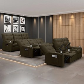 Poltrona do Papai Reclinável Sala de Cinema Movie 3 Lugares Manual Baú USB Veludo Capuccino