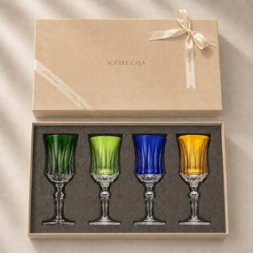 Kit 4 Taças Coloridas de Cristal Lapidado 66 p/ Vinho Branco c/ Caixa de Presente - KT04 KT04