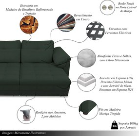 Sofá Retrátil Elétrico Sala de Estar Nolan Bipartido 332cm Conforto Premium em Couro Verde G58 - Gran Belo