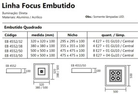 Luminária De Embutir Focus Quadrado C/ Aba 4Xe27 + 1Xmr16 38X38X10Cm |... (CP-M - Champagne Metálico)