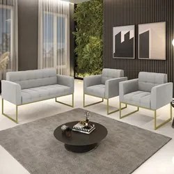 Sofá Namoradeira e 2 Poltronas Base Industrial Dourado Ana Veludo Cinz