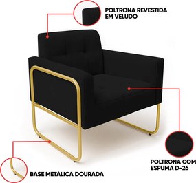 Poltrona Sala Industrial Alta Tubo Dourado Kit 2 Elisa Veludo D03 - D'Rossi - Preto