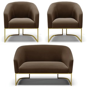 Namoradeira e 2 Poltronas Base Industrial Dourado Stella Suede D03 - D'Rossi - Marrom