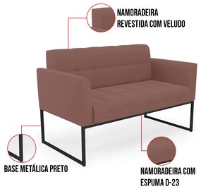 Kit 1 Sofá Namoradeira e 2 Poltronas Elisa Veludo Base Metálica Industrial Preto D03 - D'Rossi - Rose