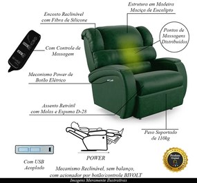 Poltrona do Papai Sala de Cinema Reclinável Kylie Elétrica Botão com Led Massagem USB PU Verde Musgo G23