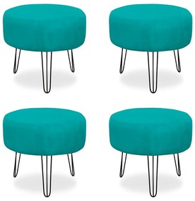 Kit 04 Puffs Redondos para Sala Chloe Suede Azul Tiffany