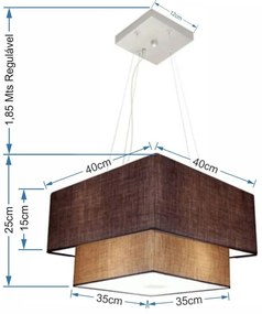Lustre Pendente Duplo Quadrado Vivare Md-4157 Cúpula em Tecido 40x35cm Café / Palha - Bivolt