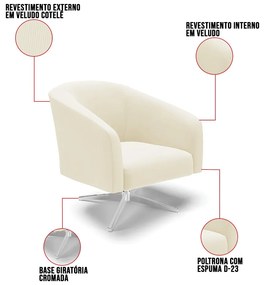 Poltrona Decorativa Giratória Cromada Kit 2 Stella Cotelê Ext/Veludo D03 - D'Rossi - Off White