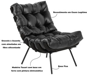 Poltrona Decorativa Sala de Estar Costela Base Preta Couro Preto G34 - Gran Belo