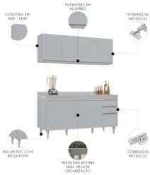 Armário Cozinha e Balcão Com Tampo 160cm Arkansas Cinza Claro - Lumil