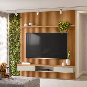 Painel para TV até 75 Polegadas Ripado Marisa com Nicho Bancada Nature e Off White 219x250 cm L04 - D'Rossi
