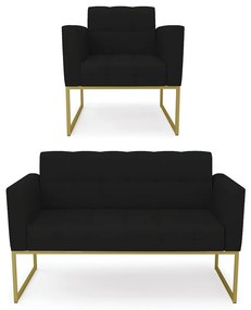 Kit 1 Sofá Namoradeira e 1 Poltrona Elisa Linho Base Metálica Industrial Dourado - D'Rossi - A79 Preto