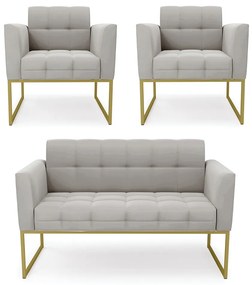 Kit 1 Sofá Namoradeira e 2 Poltronas Elisa Veludo Base Metálica Industrial Dourado - D'Rossi - Cinza