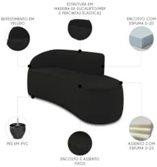 Sofá 3 Lugares Para Sala 180cm Orgânico Wendi Veludo Preto I01  - Mpoz