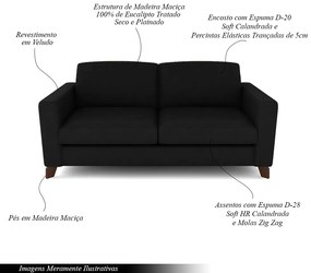 Sofá Sala de Estar Living 3 Lugares 220cm Presley Pés Madeira Veludo Preto G52 - Gran Belo