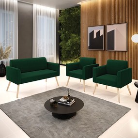 Namoradeira e 2 Poltronas Pé Palito Natural Marisa Bouclê - Verde