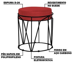 Puff Decorativo Sala de Estar Base Preto Chloe Suede Vermelho G41 - Gran Belo
