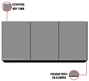 Armário Aéreo de Cozinha Lavanderia 03 Portas Tina 120 cm L06 - D'Rossi - Preto e Castanho