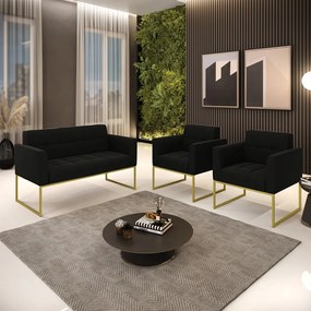 Kit 1 Sofá Namoradeira e 2 Poltronas Elisa Suede Base Metálica Industrial Dourado - D'Rossi - Preto