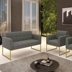 Kit 1 Sofá Namoradeira e 1 Poltrona Elisa Suede Grafite Base Metálica Industrial Dourado - D'Rossi
