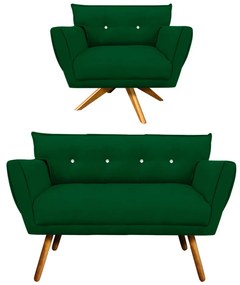 Kit 1 Namoradeira 2 Lugares e 1 Poltrona Giratória Anitta com Strass Suede Pés Palito Castanho - D'Rossi - Verde