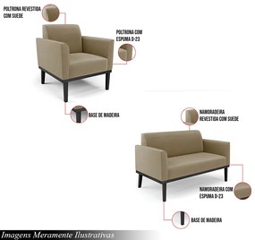 Conjunto 2 Poltronas e 1 Namoradeira Decorativa Isabella Pés Fixo em Madeira Preto Suede Nude G19 - Gran Belo