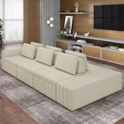 Sofá Ilha e Puff Sala Living 335cm Siesta M22 Linho Areia    - Mpozena